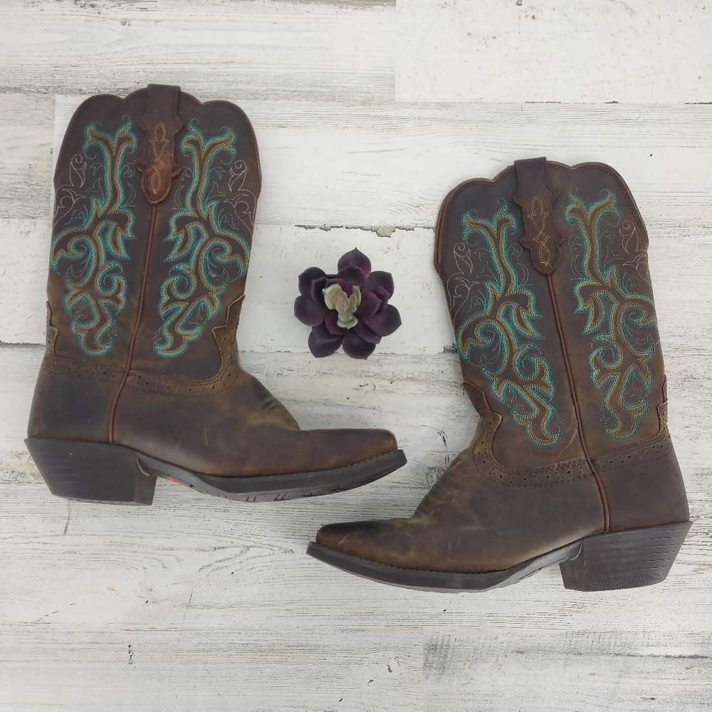 Justin Boots Rustic Brown with Teal Embroidery